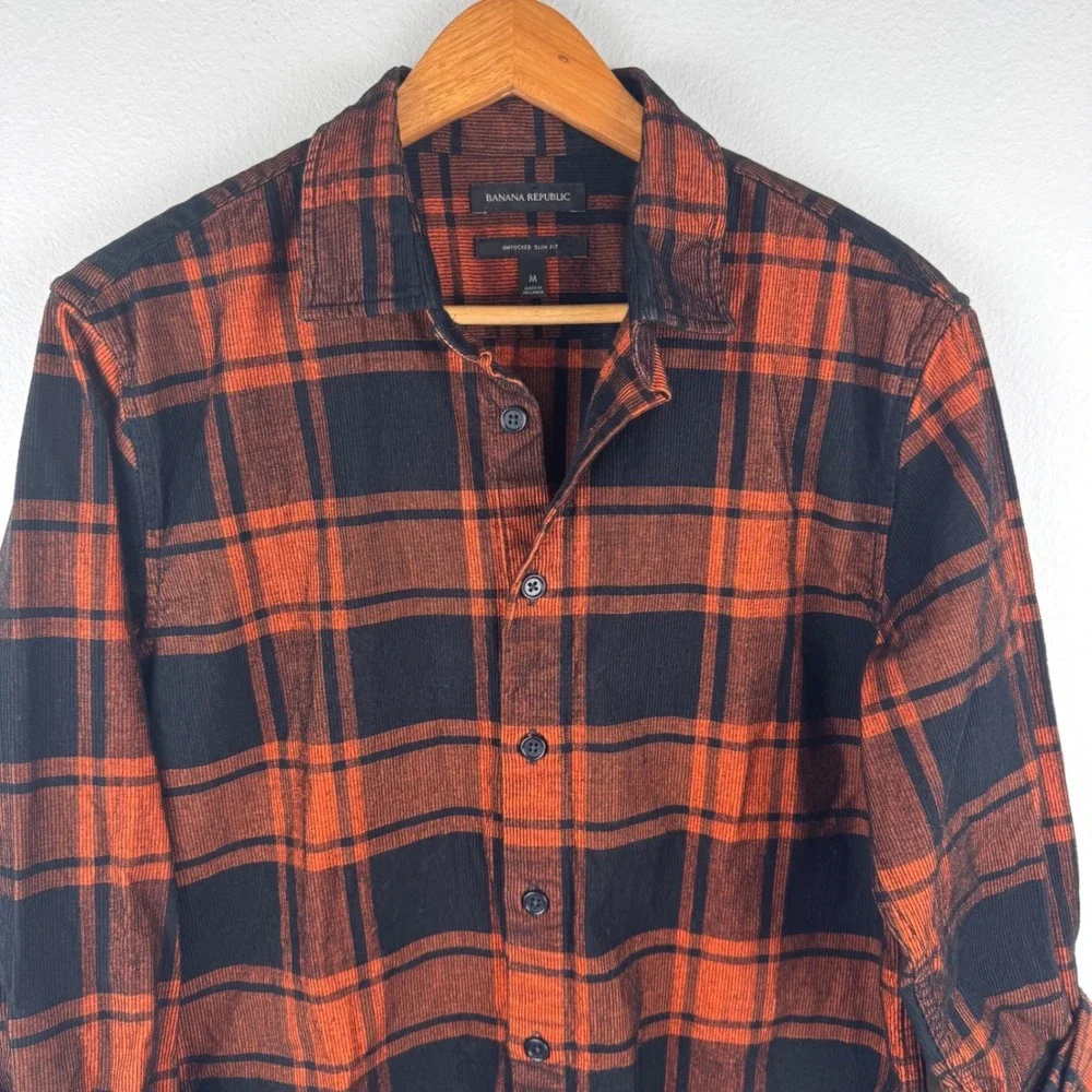 Banana Republic Shirt Mens M Orange Black Excellent Untucked Slim Fit Corduroy